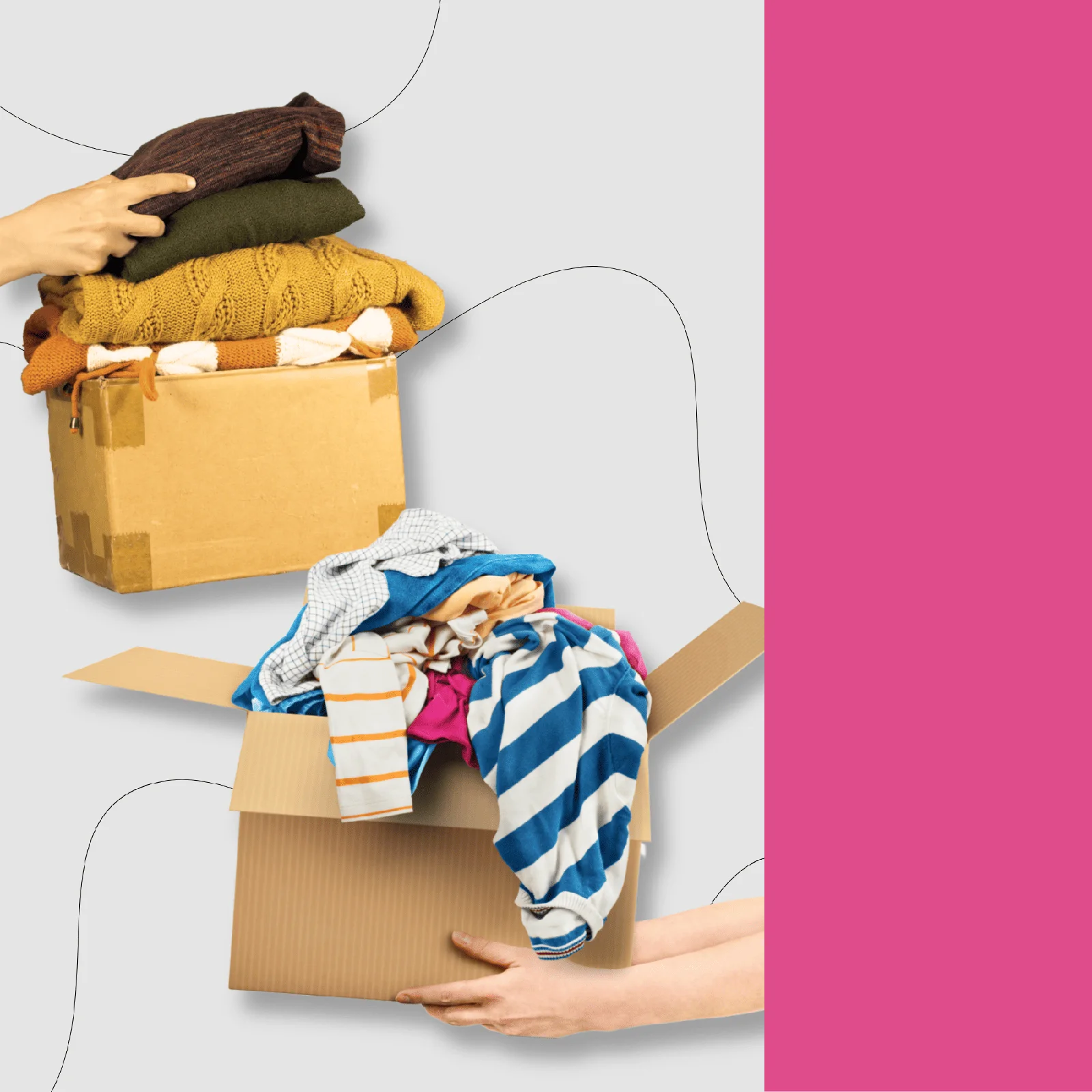 Manos que meten ropa usada en cajas de cartón para donarla