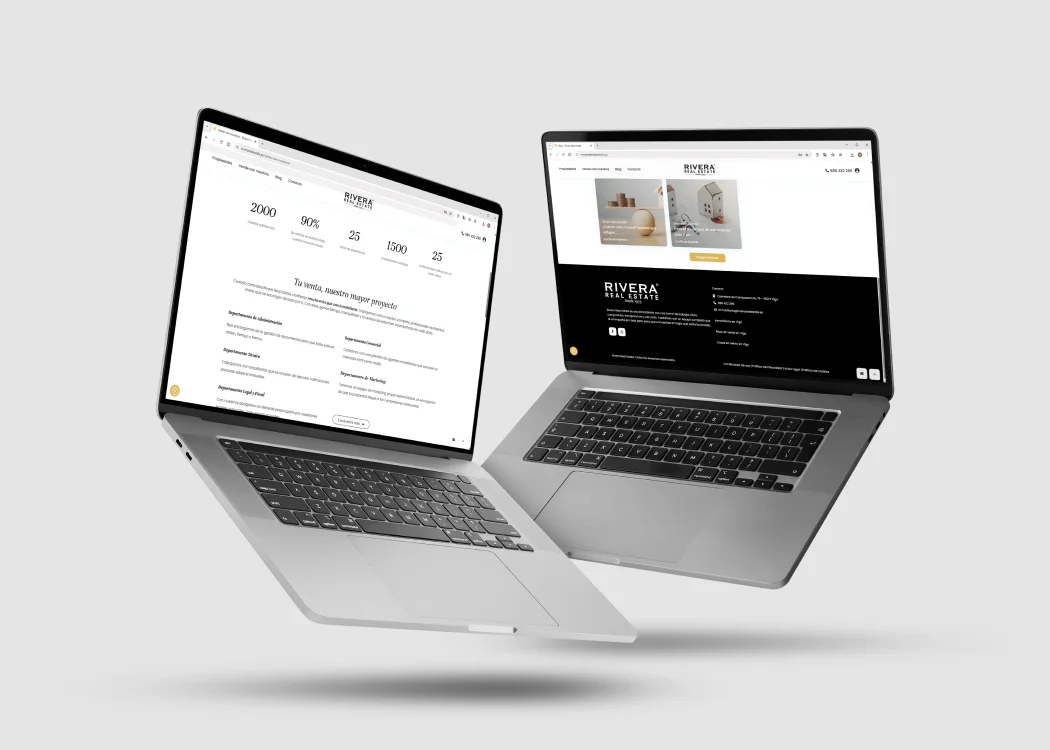 Dos portátiles con fichas de propiedades de la web de Rivera Real Estate