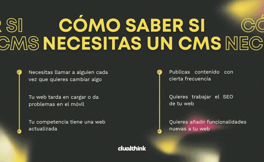 Cómo saber si necesitas un CMS: llamas a alguien cada vez que quieres cambiar algo, tu web tarda en cargar o falla en el móvil, tu competencia tiene una web actualizada, publicas contenido con frecuencia, quieres trabajar el SEO o quieres añadir funciones nuevas