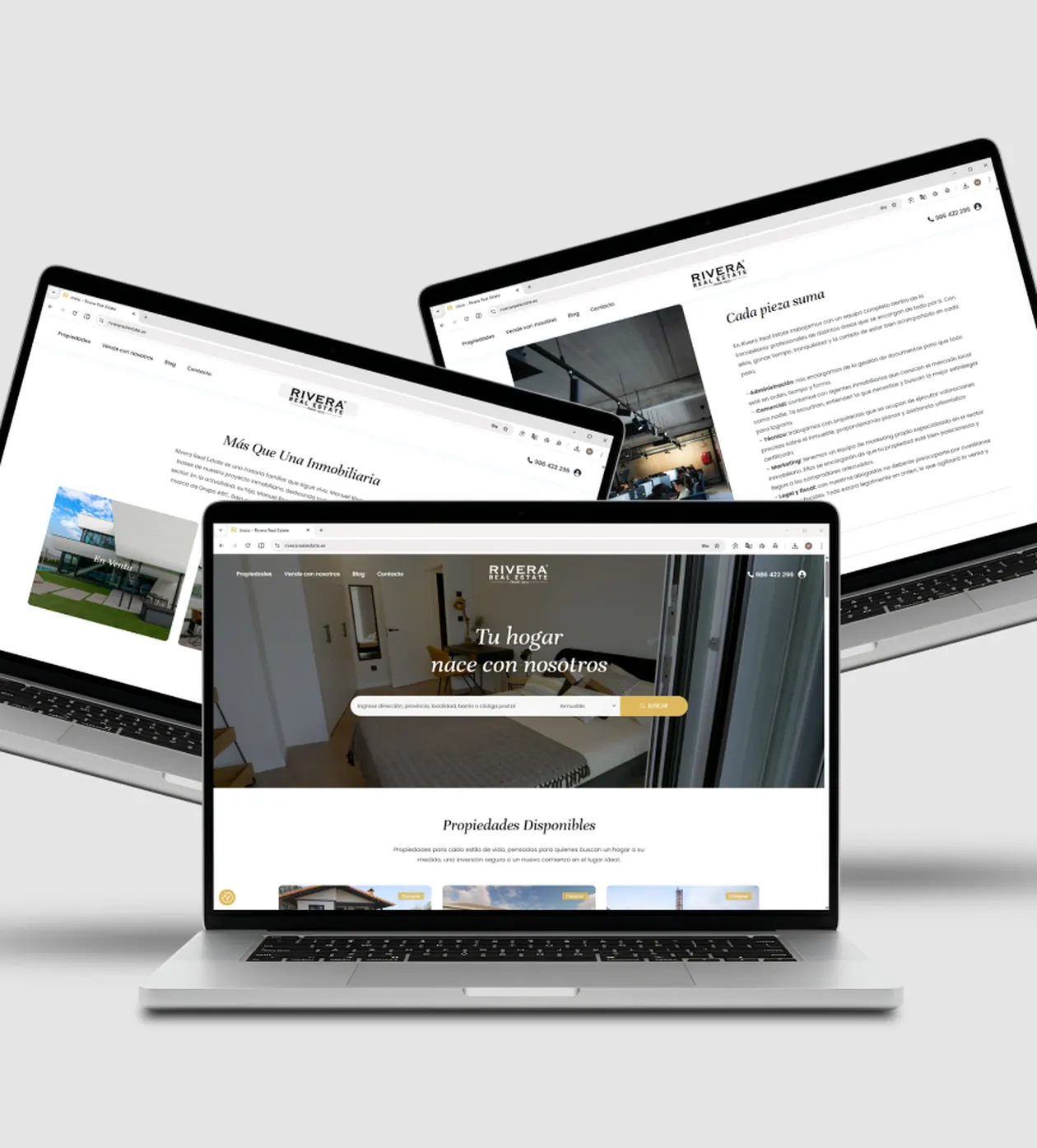 Web de Rivera Real Estate en tres portátiles: buscador de propiedades