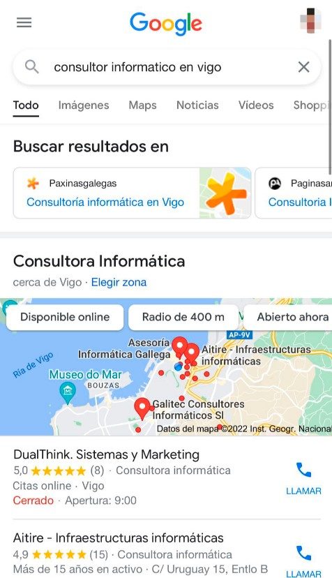 Resultados en la pagina de resultados con perfiles de Google My Business