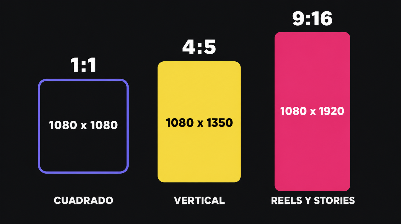 Formatos de Facebook 2026: cuadrado 1080x1080, vertical 4:5 1080x1350 y Reels y stories 9:16 1080x1920