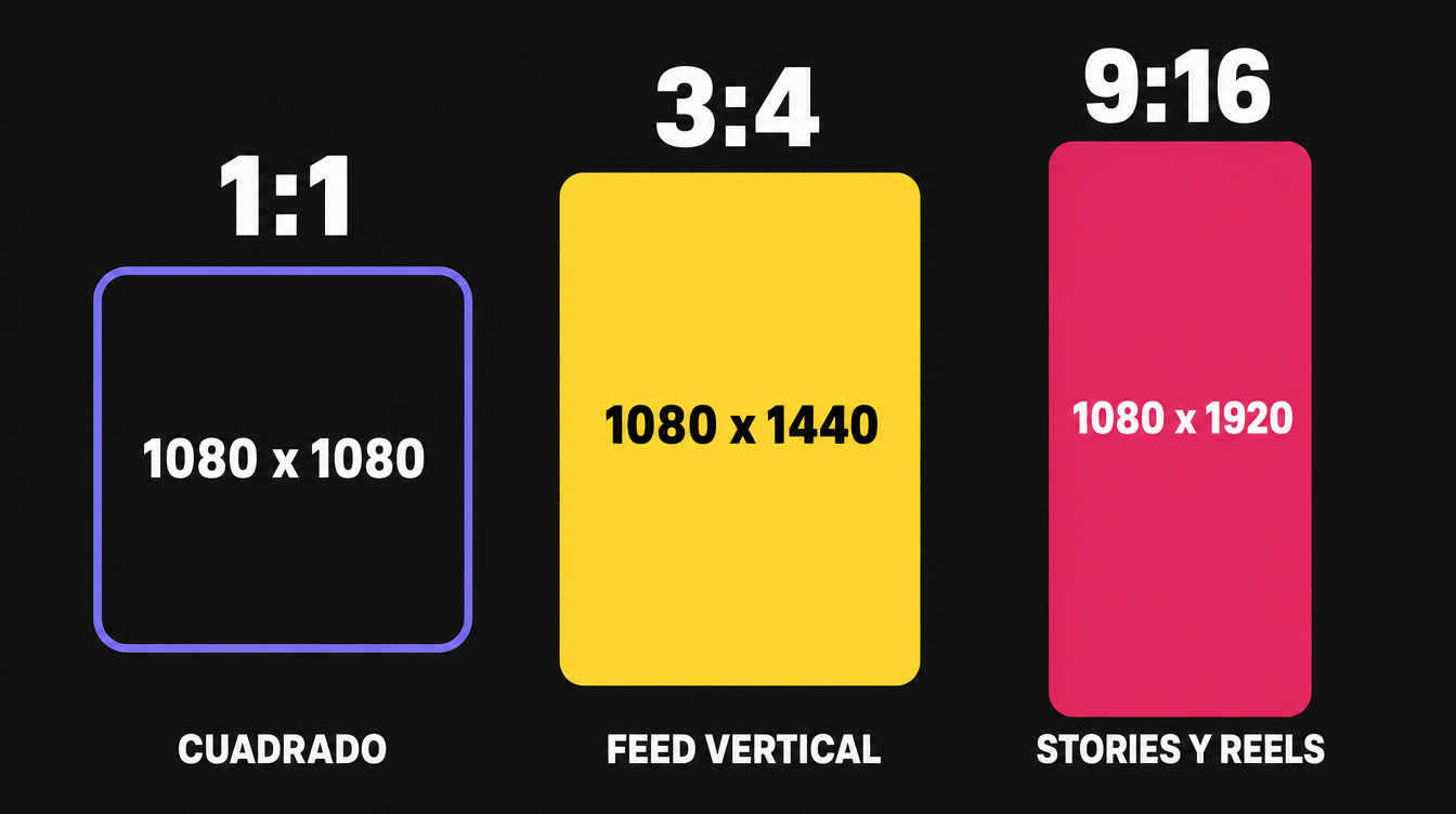 Formatos de Instagram 2026: cuadrado 1080x1080, feed vertical 3:4 1080x1440 y stories y reels 9:16 1080x1920